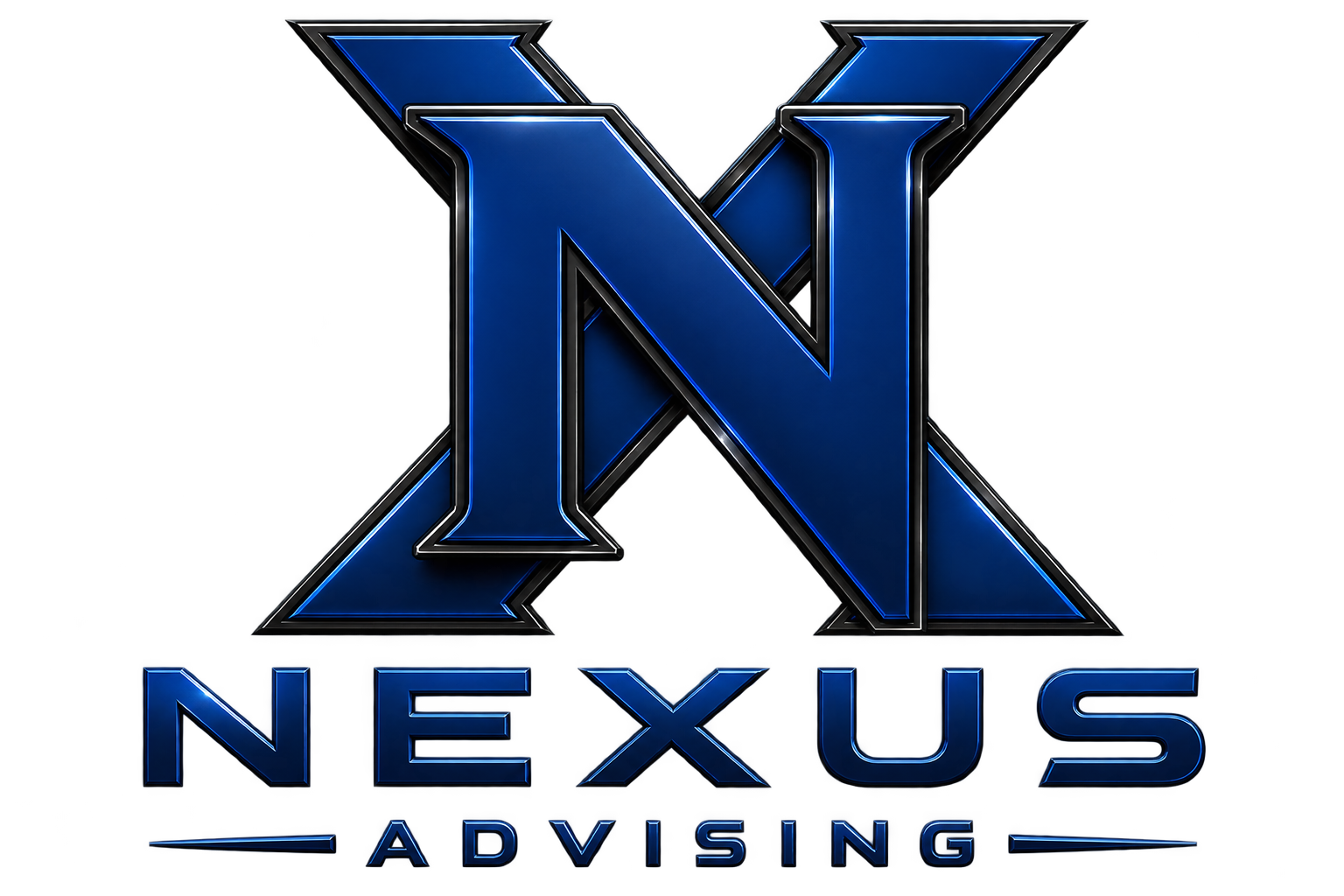 A logo with a large, stylized blue letter 'N' outlined in black and silver, with the words 'NEXUS ADVISING' below in blue text on a dark background.