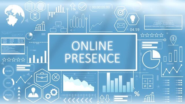 Digital infographic with charts, graphs, and icons related to online presence and data analytics, featuring the text 'Online Presence' in the center.