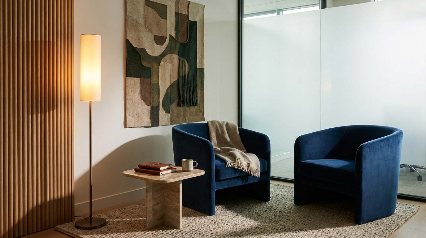 A cozy seating area with two blue velvet armchairs, a small marble side table with books and a mug, a tall floor lamp, abstract wall art, and a large glass window in the background.