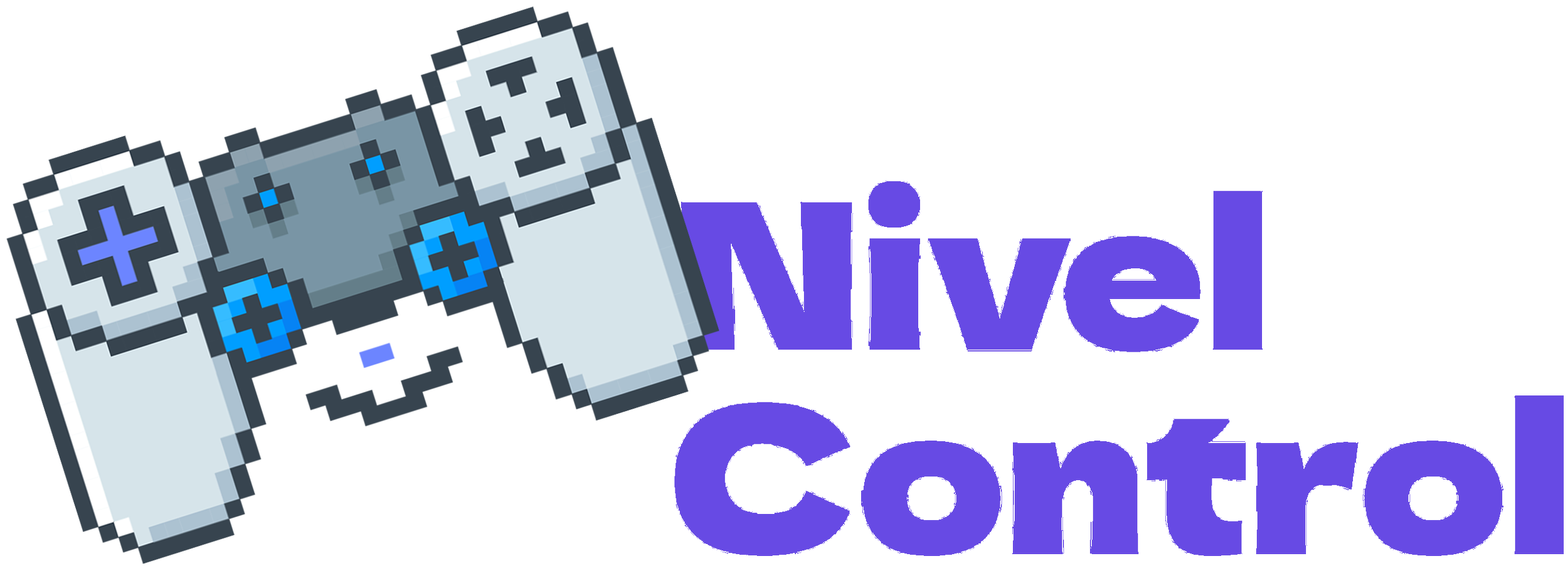 Imagen pixelada de un control de videojuego con los botones y una palanca, junto con el texto en letras grandes y moradas que dice 'Nivel Control'.