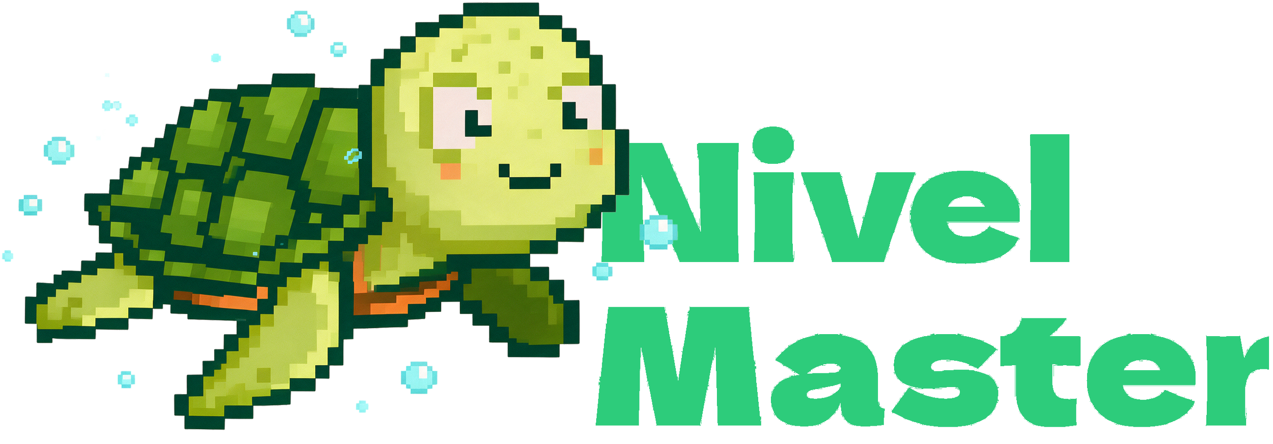 Un pixel art de una tortuga verde con una expresión amigable, acompañada del texto 'Nivel Maestro' en color verde.
