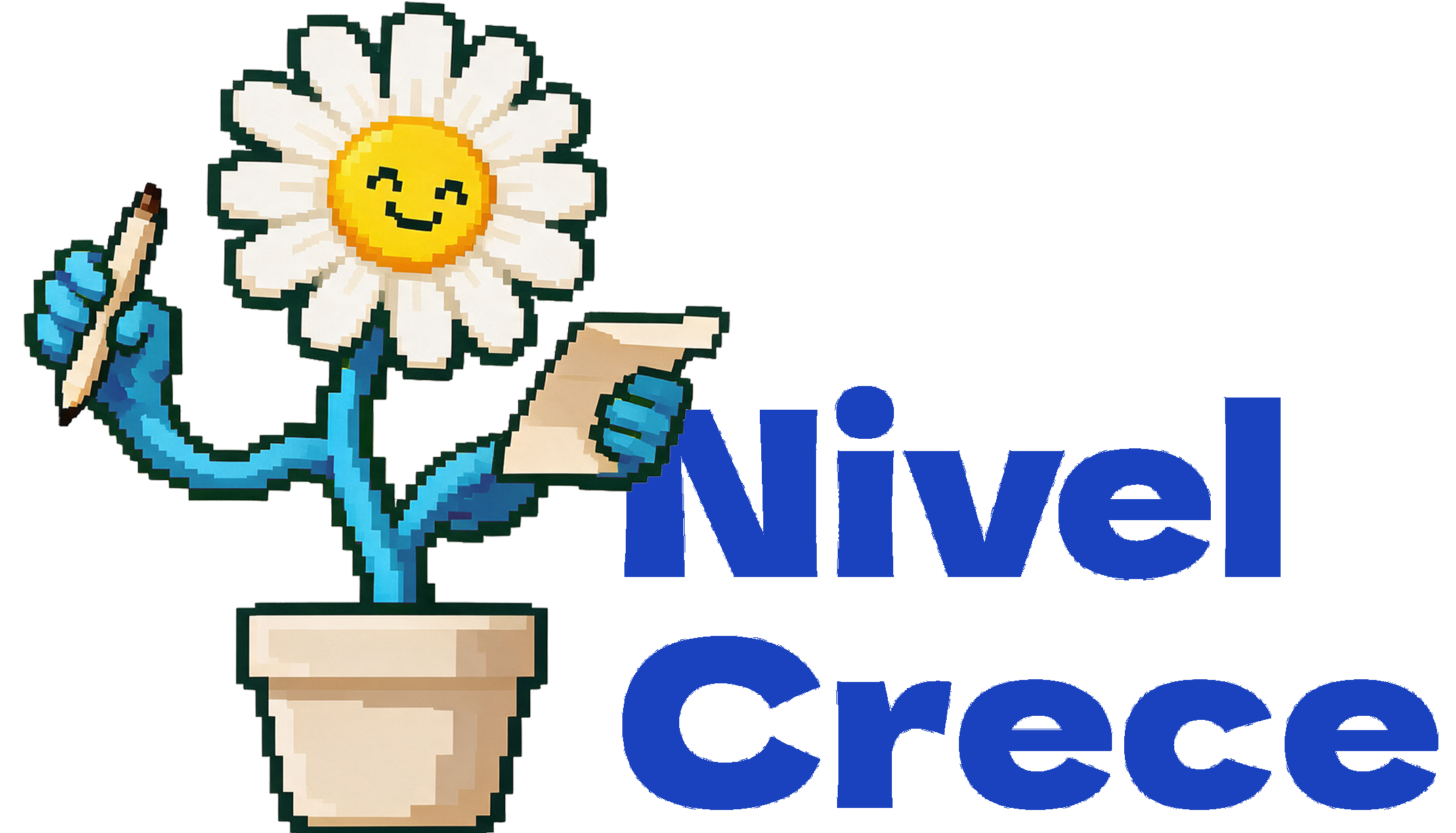 Personaje de estilo pixel art, con flor de margarita en la cabeza, sosteniendo un cartel y una triángulo azul con letras blancas que dicen 'DISEZ', sobre un fondo blanco.