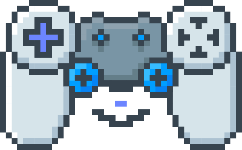 Controlador de videojuegos de estilo pixel art con botones azules, en colores gris y blanco.