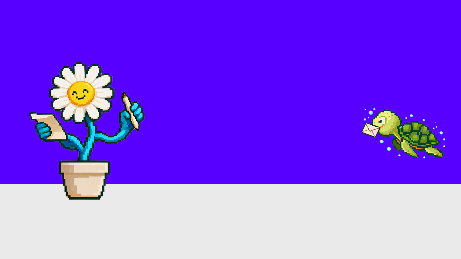 Pixel art de una planta con cara sonriente en una maceta, y una tortuga pixelada con un sobre en la boca.