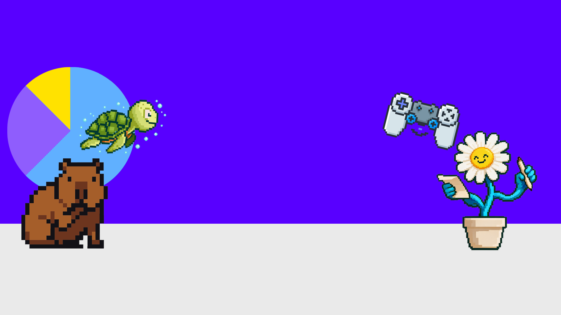 Personajes pixelados: una tortuga, un oso y una abeja con una flor en una pared azul, y objetos como un control de videojuegos y un diagrama de pastel.