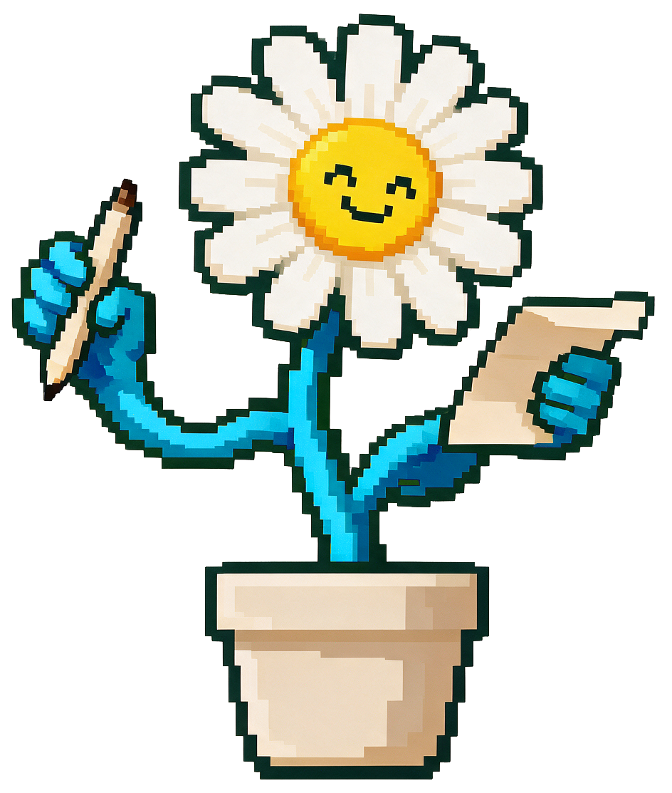 Dibujo pixelado de una planta con flor de margarita que tiene cara feliz, con una mano que sostiene un lápiz y otra que sostiene una libreta, en una maceta.