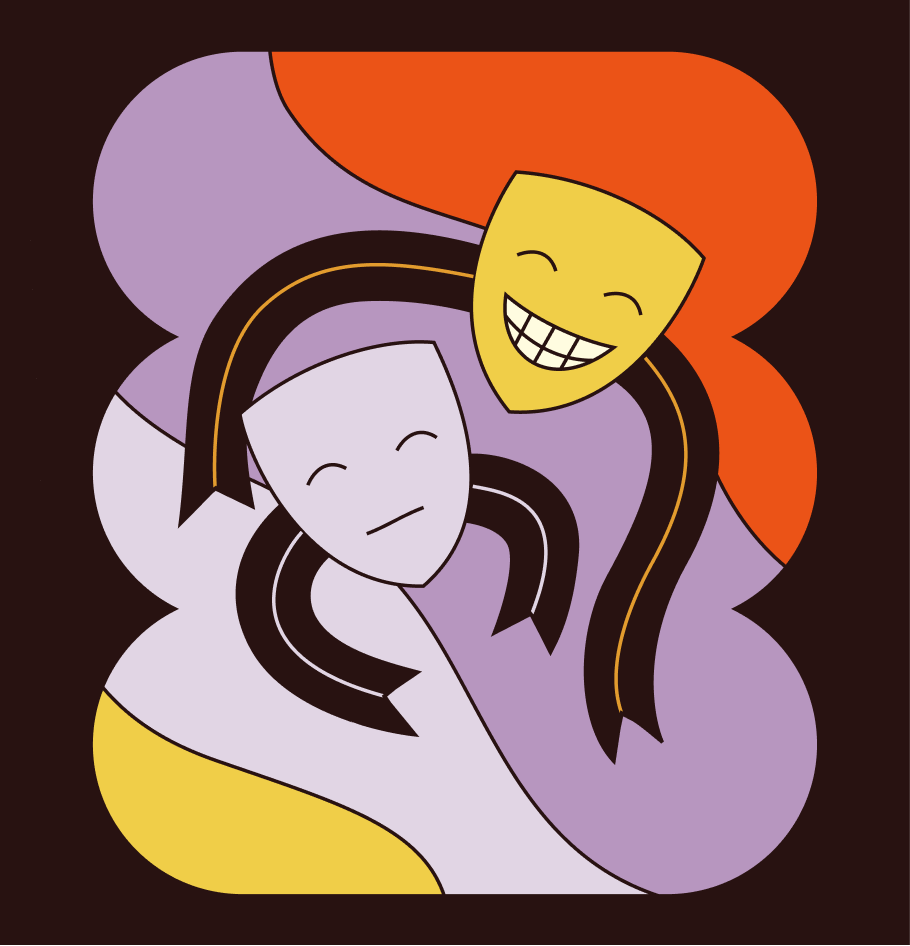 Illustration of two drama masks, where the happy mask is embracing the sad one.