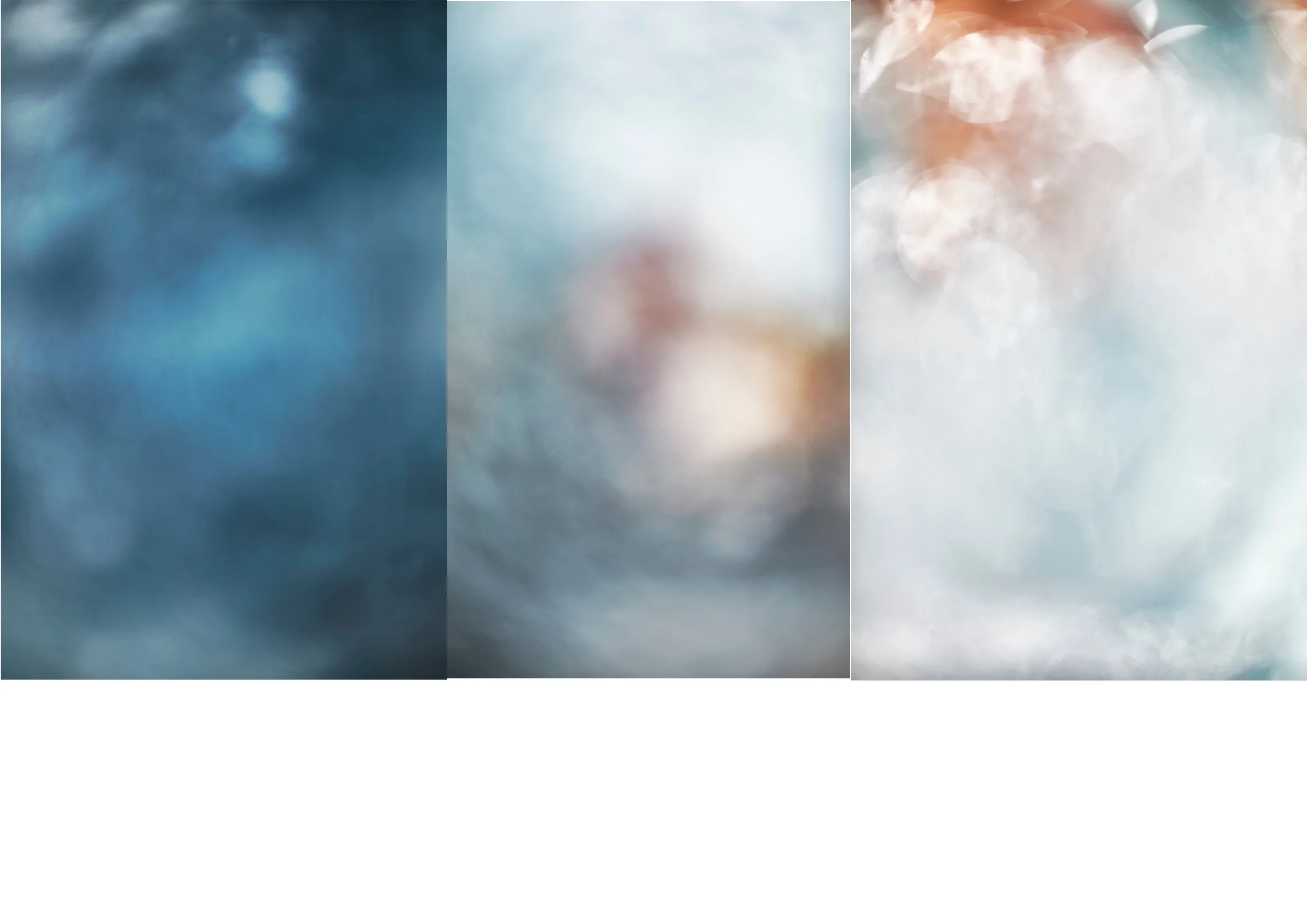 A collage of three abstract, blurry images with a mix of blue, white, and warm tones.