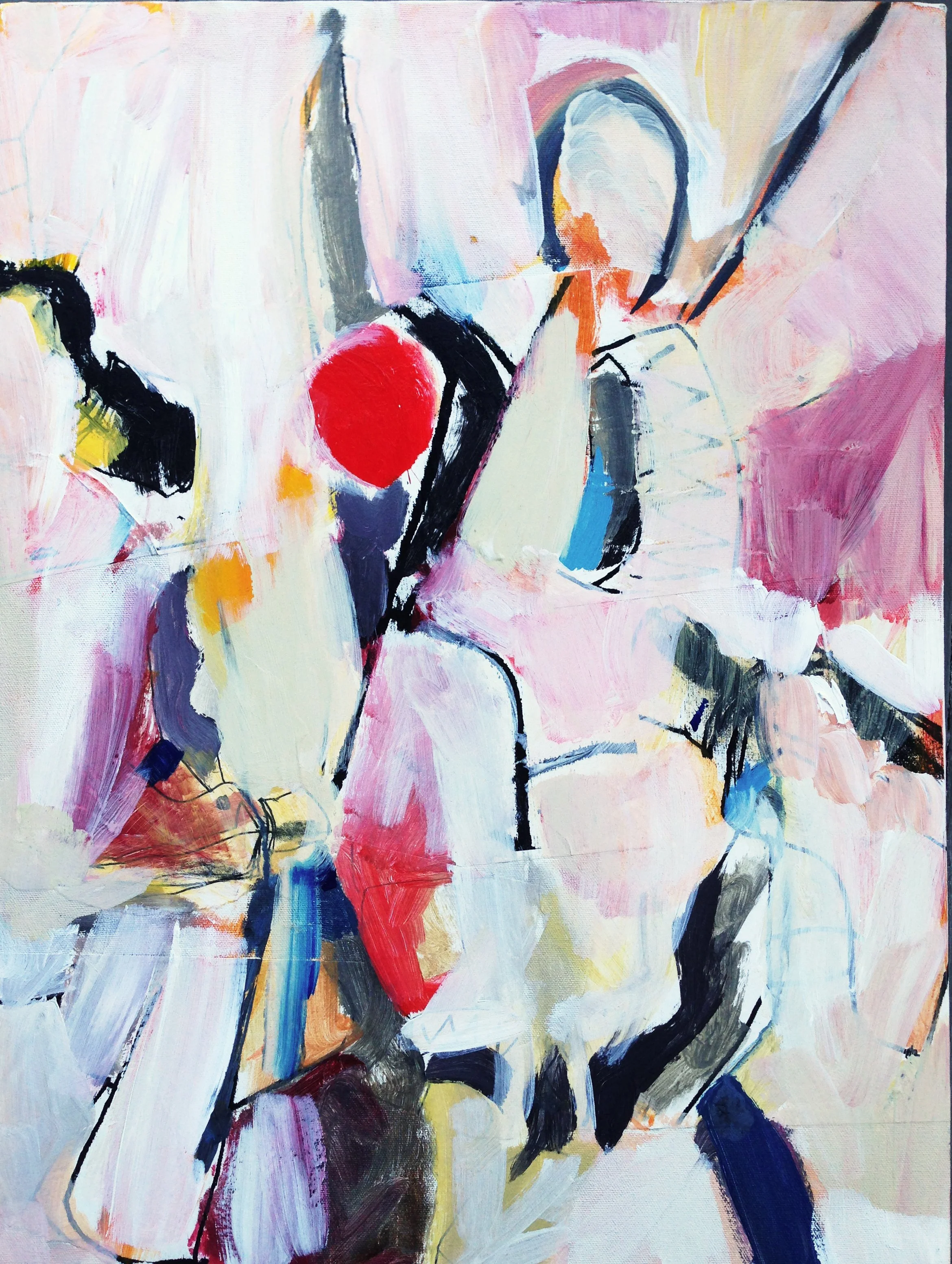 Abstract expressionist painting with vibrant colors and bold brushstrokes, featuring hints of red, yellow, blue, black, gray, and white.