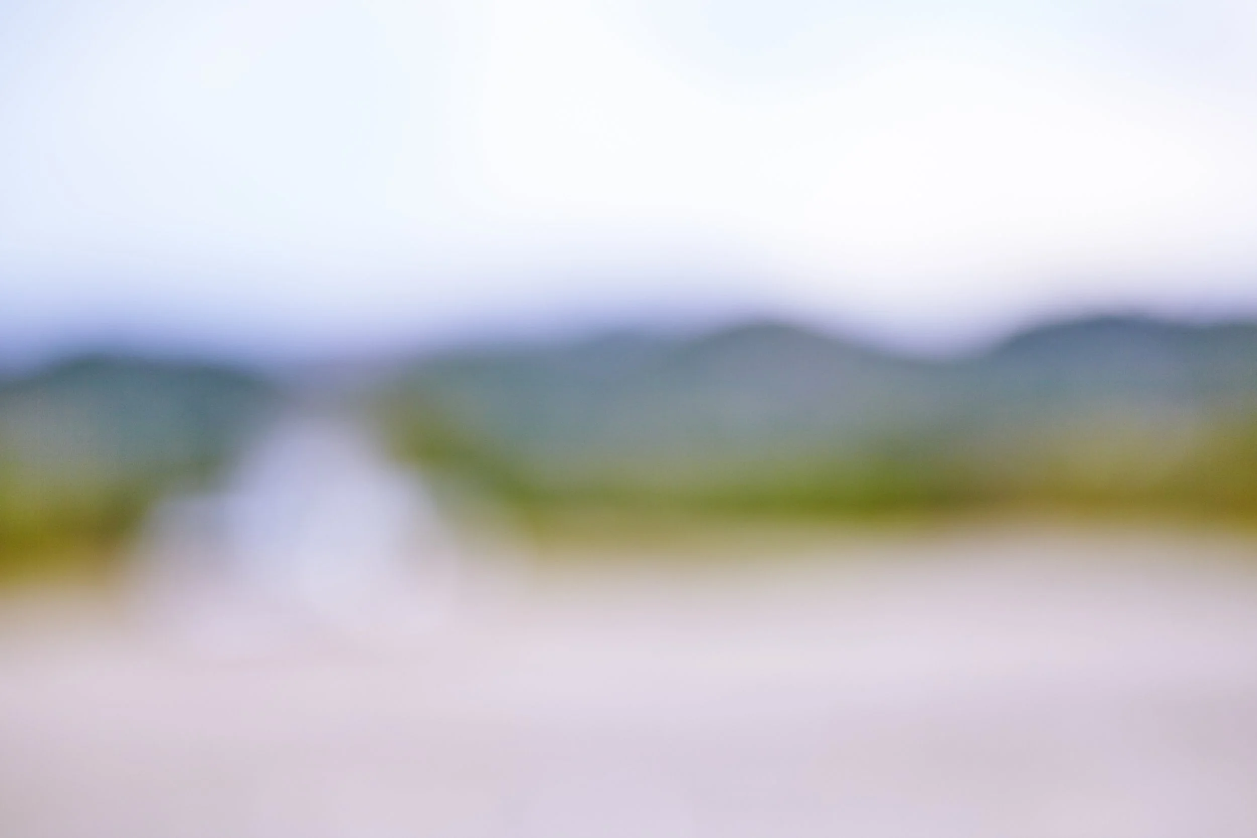 Blurred landscape with mountains, trees, and sky.