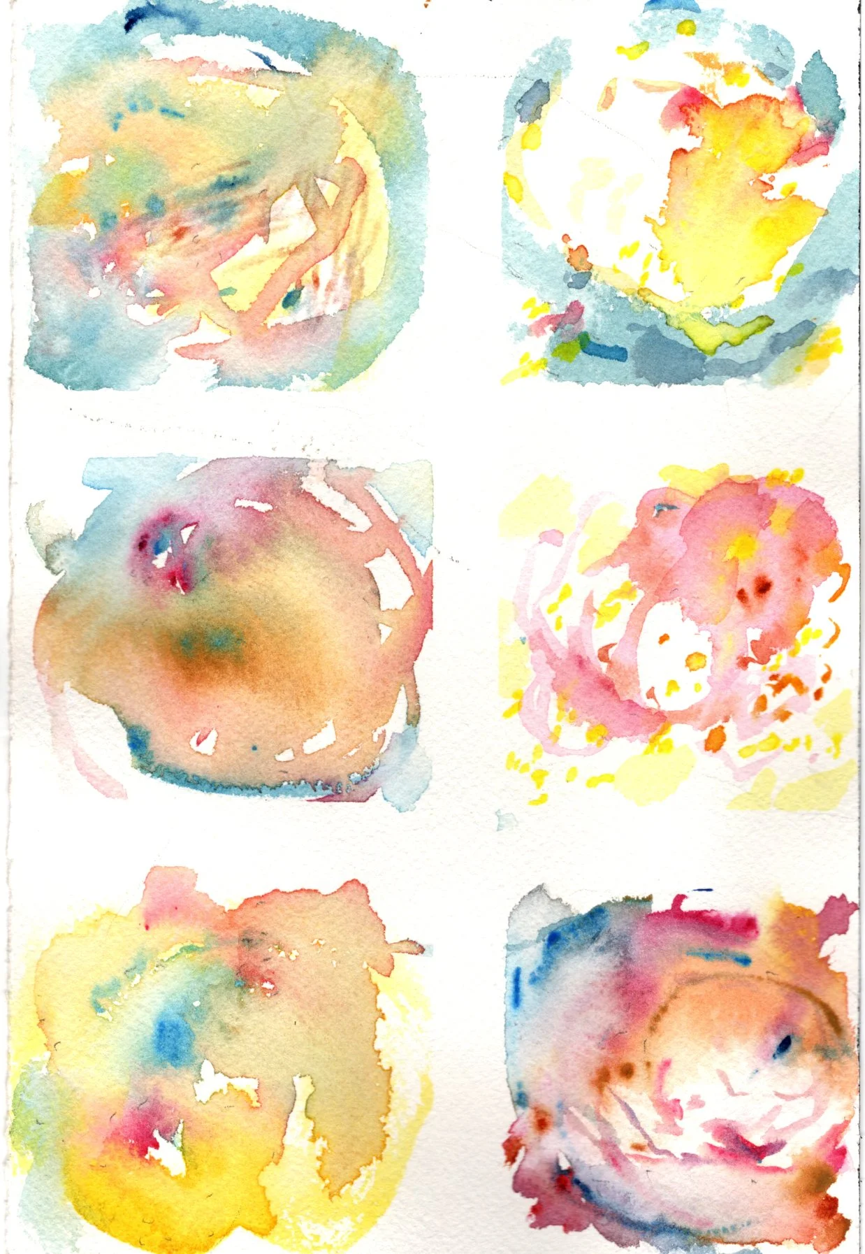 A watercolor painting featuring a collage of nine abstract, colorful shapes and patterns, arranged in a 3x3 grid.