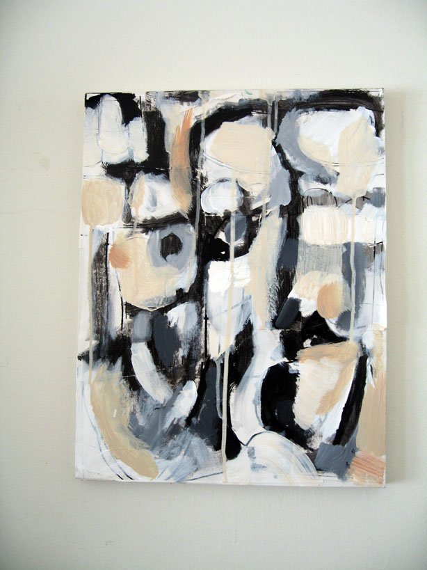 Abstract black, white, beige, and gray painting on canvas displayed on a wall.