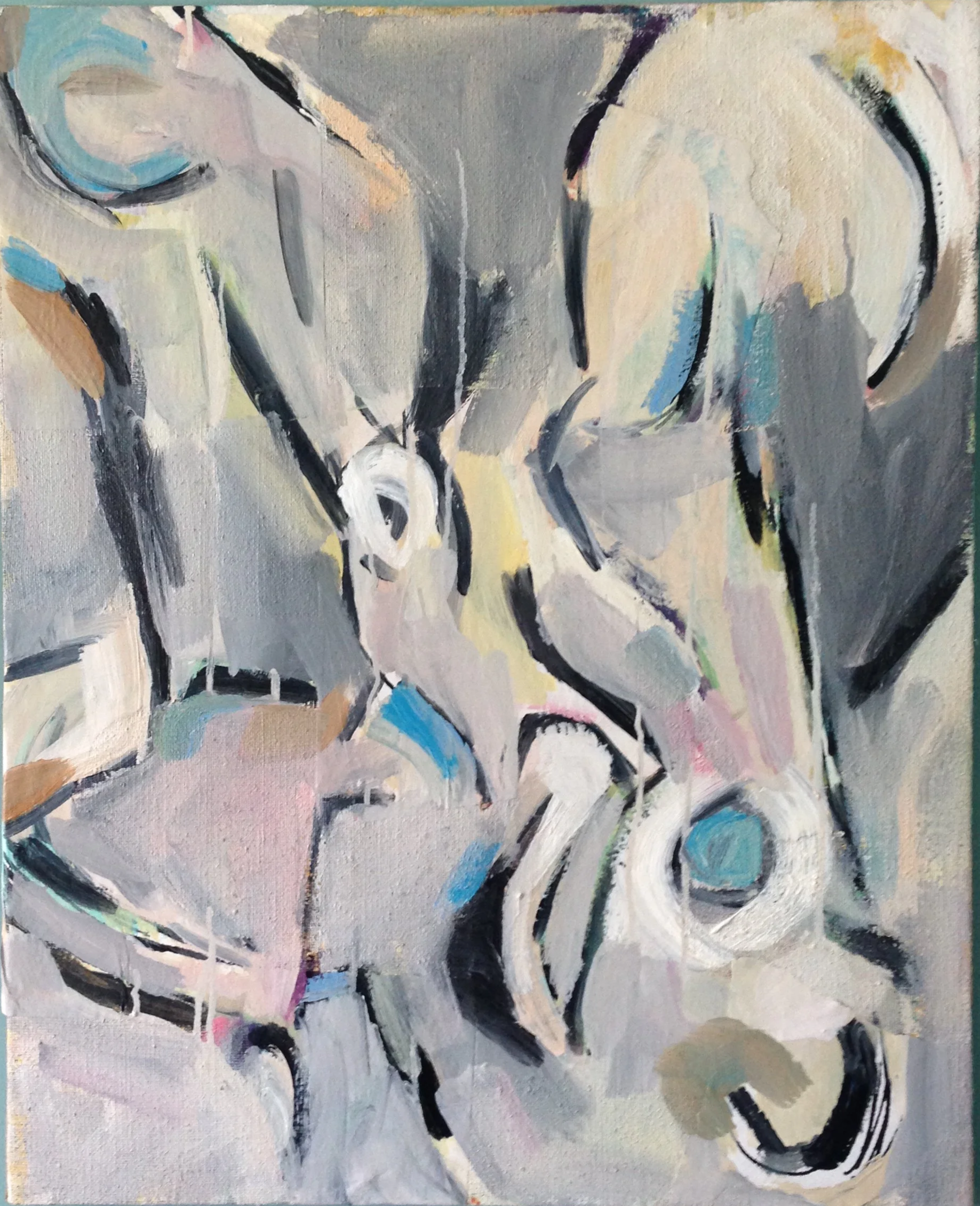Abstract painting with black, white, gray, and hints of blue and pink colors, featuring a stylized black line.