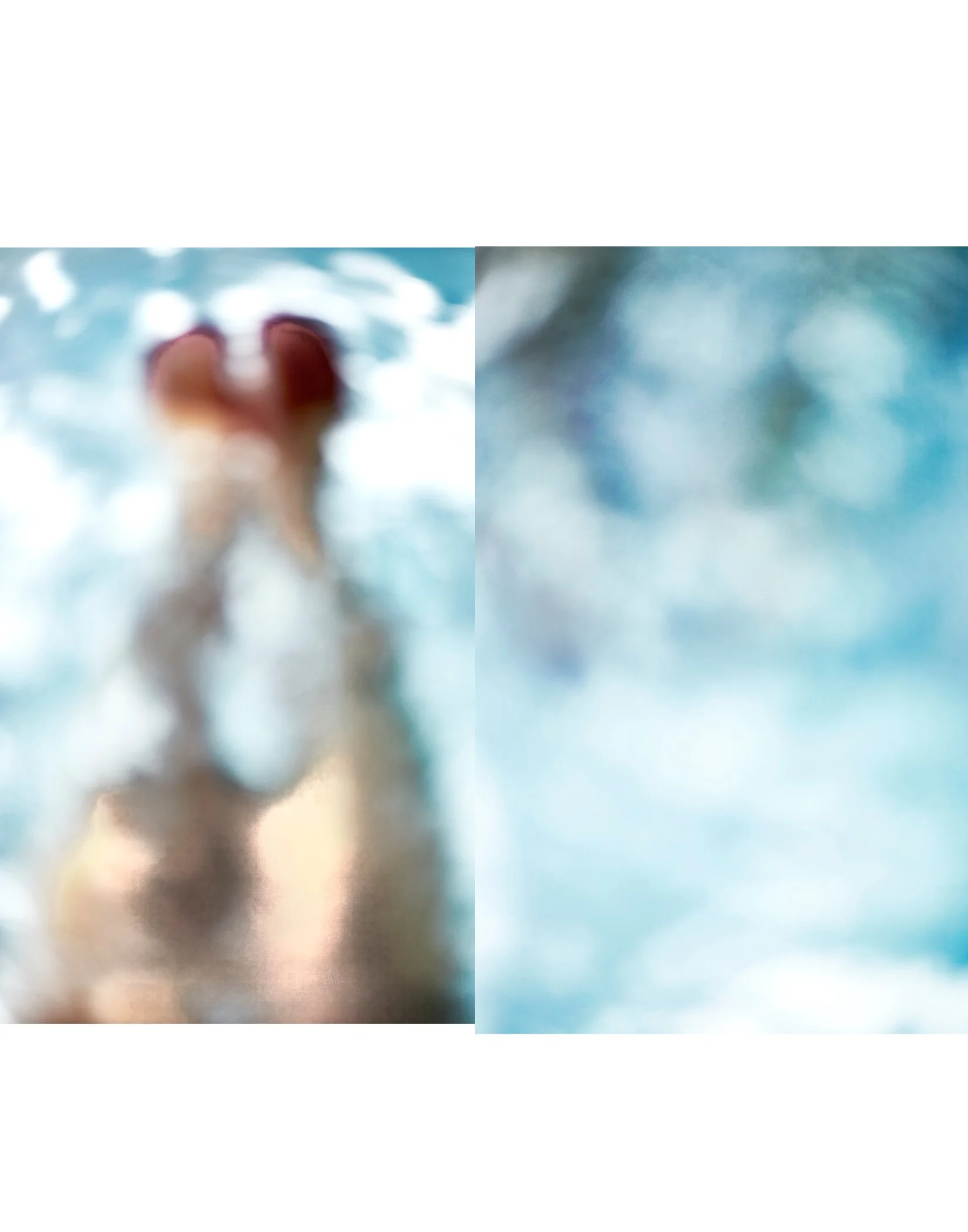 Two blurry photos of a person swimming in a pool, with one photo showing a hand reaching towards the water and the other showing the surrounding water and reflections.