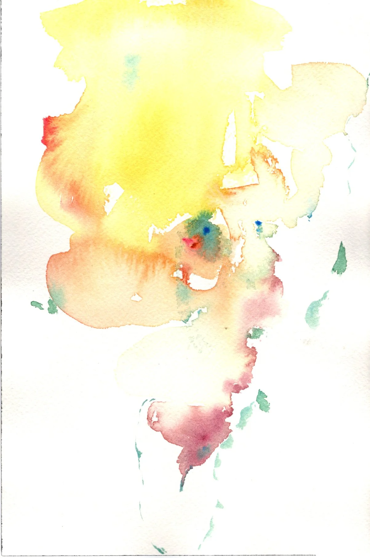 Abstract watercolor painting with yellow, red, green, and blue hues.
