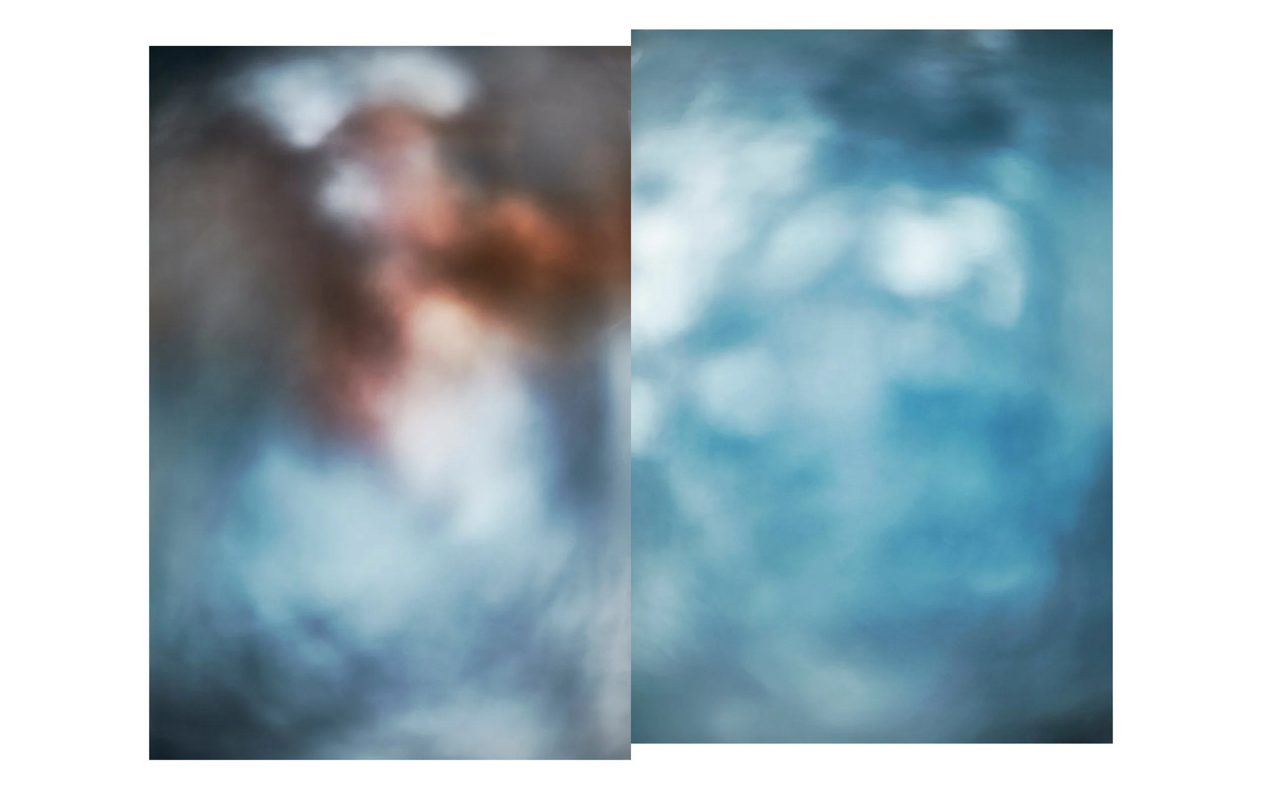 Blurred split-screen image with a face on the left and water on the right.