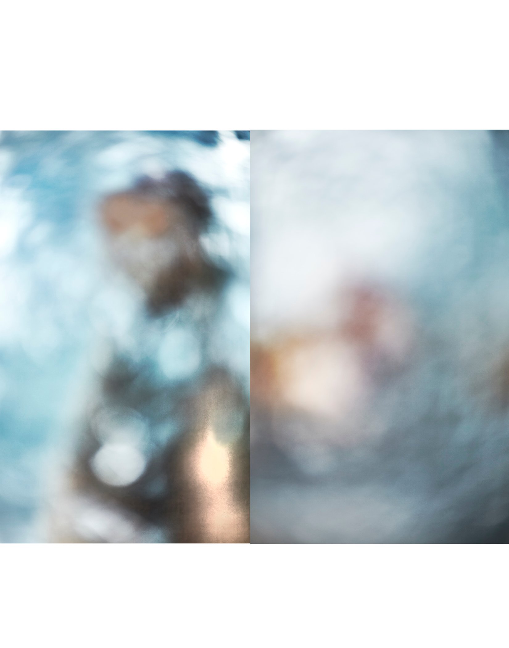 Blurred split-screen photo of a person with dark hair, wearing sunglasses, near water and a bright sky.