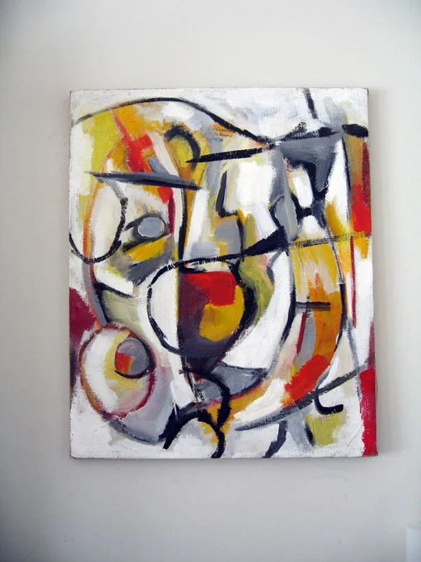 Abstract painting featuring bold black lines, red, yellow, white, black, and gray shapes and brushstrokes.