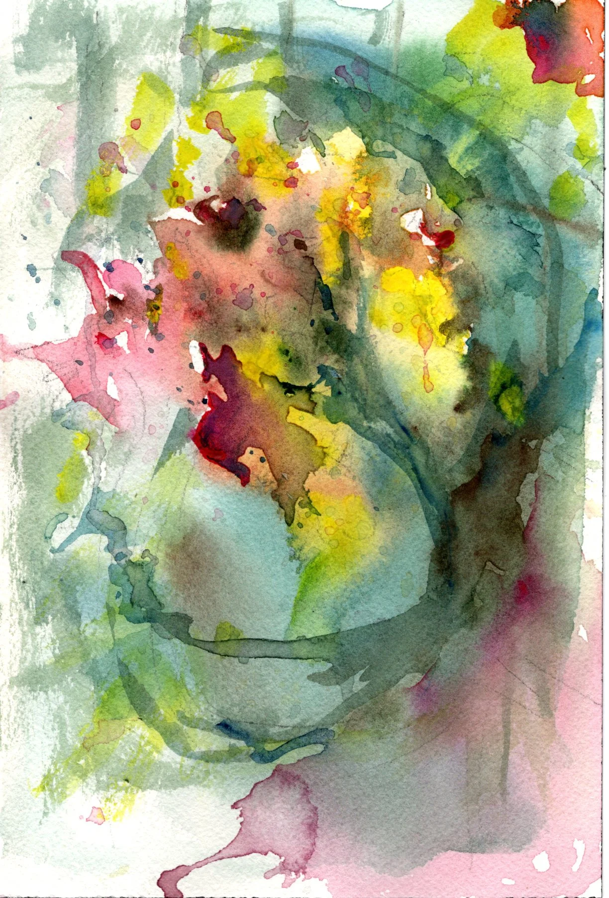 Abstract watercolor painting of a white flower with pink and yellow accents, surrounded by green foliage and abstract splashes of color.