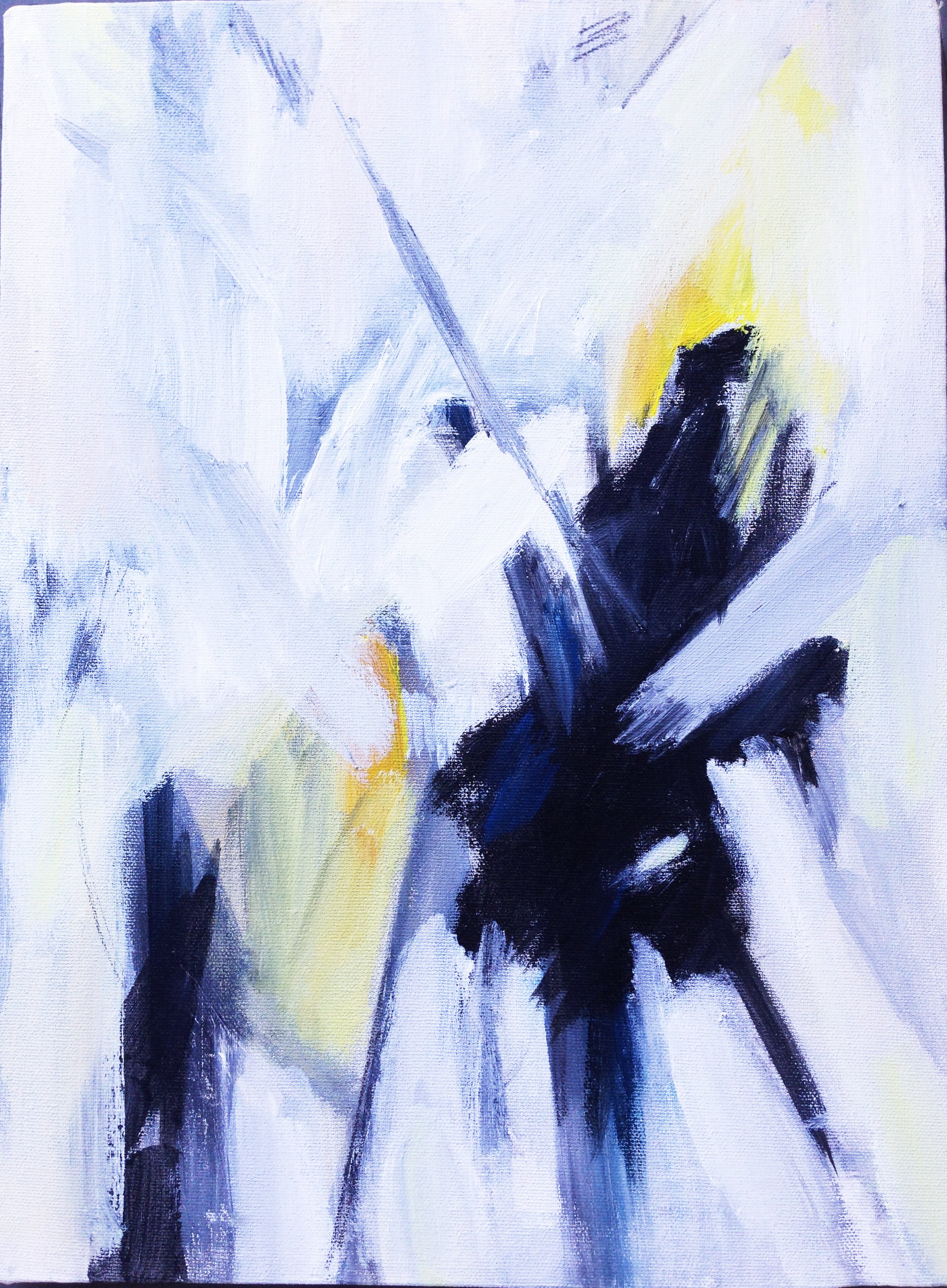 Abstract painting with shades of blue, black, white, and touches of yellow