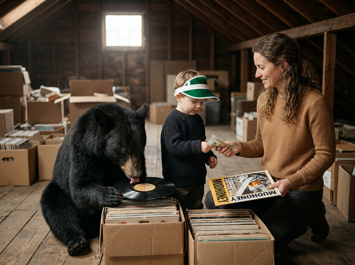 A woman and a young boy are in an attic filled with boxes of vinyl records. The woman is handing cash to the boy, who is wearing a visor hat. A black bear is sitting next to them, licking a vinyl record. The scene appears to be a record sale or exchange.