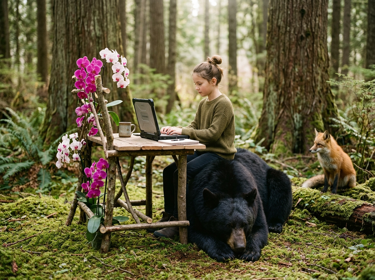 A young girl sitting at a rustic wooden table in a forest, working on a laptop. A black bear is lying underneath the table, and a fox is sitting nearby on a mossy forest floor. Pink and white orchids are on the table.