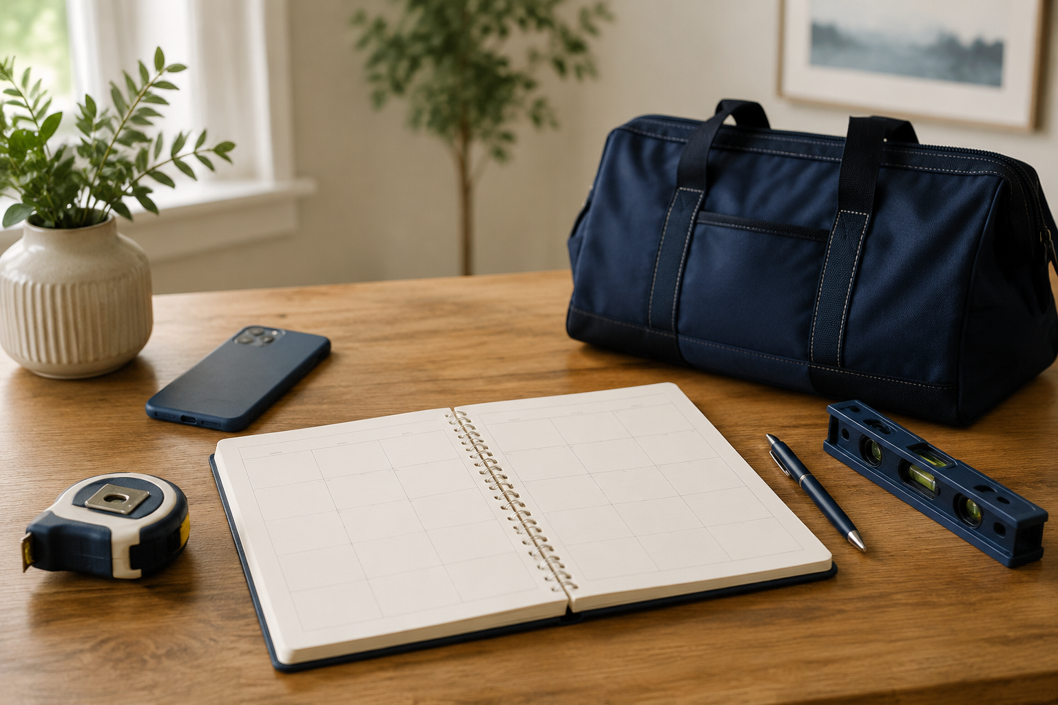 Planner, phone, and handyman tools arranged for scheduling a Metro Atlanta home project.