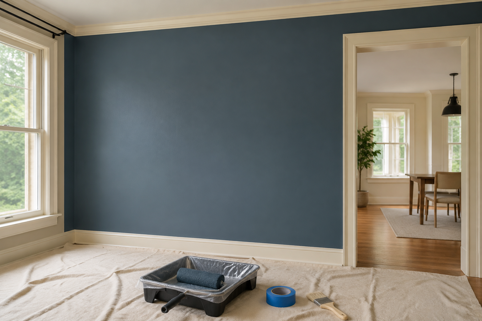 Room being painted with blue wall, paint roller in tray, painter's tape, and paintbrush on carpet, adjacent to a dining area with wooden table and windows.