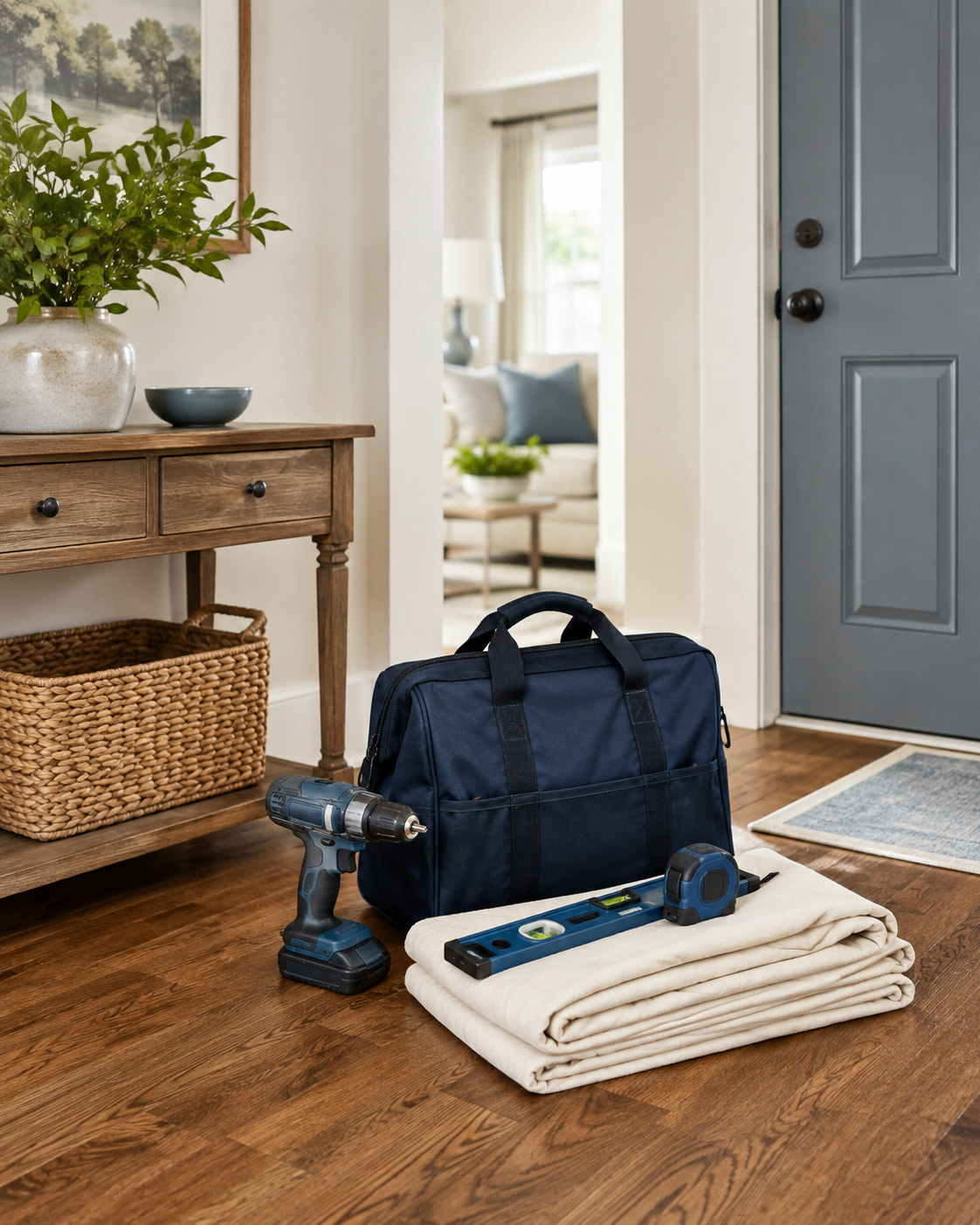 Home entryway with a toolbox, cordless drill, folded blanket, tape measure, and blue bag on the wooden floor near the door.