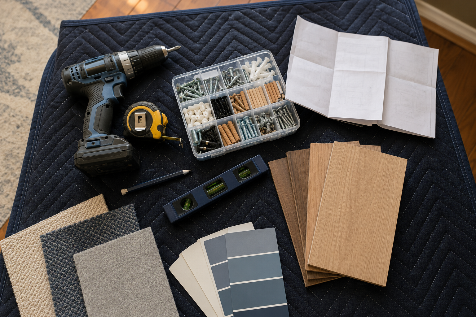 Tools and materials for furniture assembly on a dark quilted surface, including a cordless drill, tape measure, spirit level, color and material samples, screws, bolts, and wooden veneer samples.
