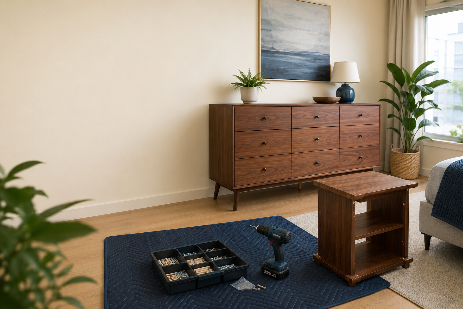 Living room with a wooden dresser, potted plant, a painting, a lamp, and a window with curtains. A small wooden table, a cordless drill, and organizer with hardware are on a blue quilted moving blanket on the floor.