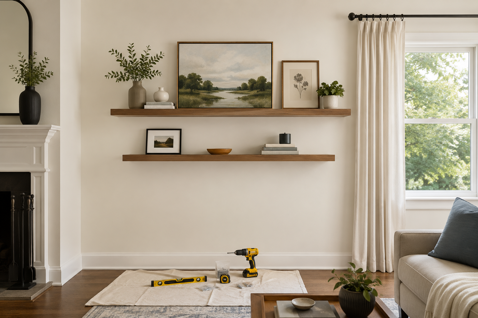 Living room with two wooden floating shelves, decorated with potted plants, framed art, and books, near a window with beige curtains; tools on a white rug in front of the wall.