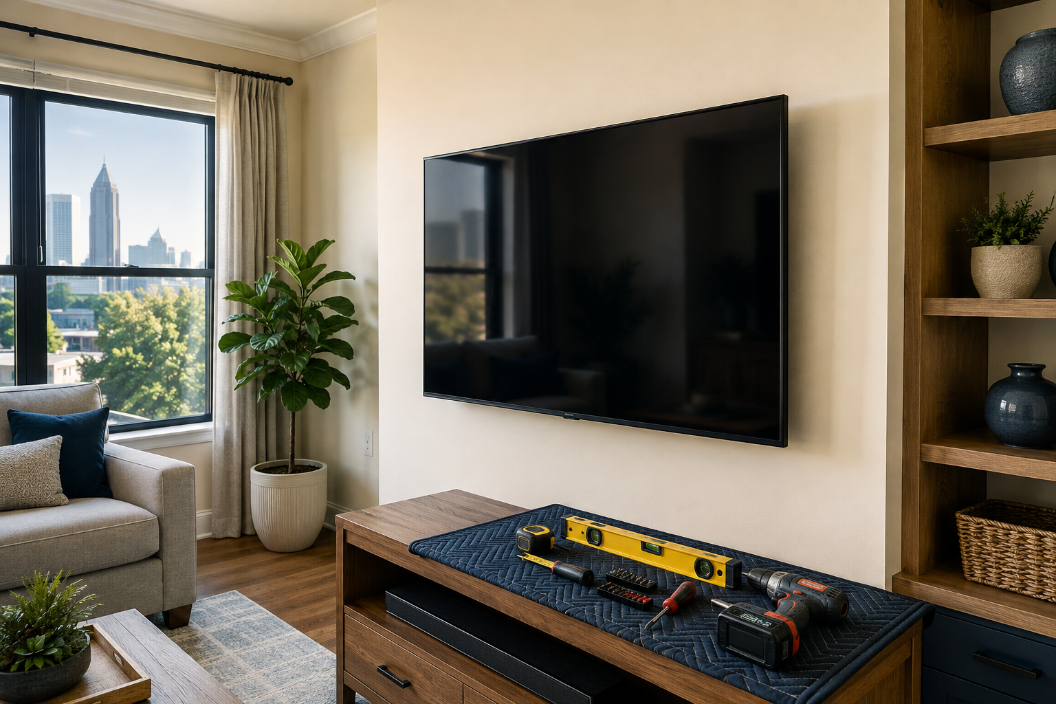 Living room with large window, green plant, wall-mounted TV, wooden shelves with vases and plants, couch with pillows, and furniture with tools on top ready for assembly.