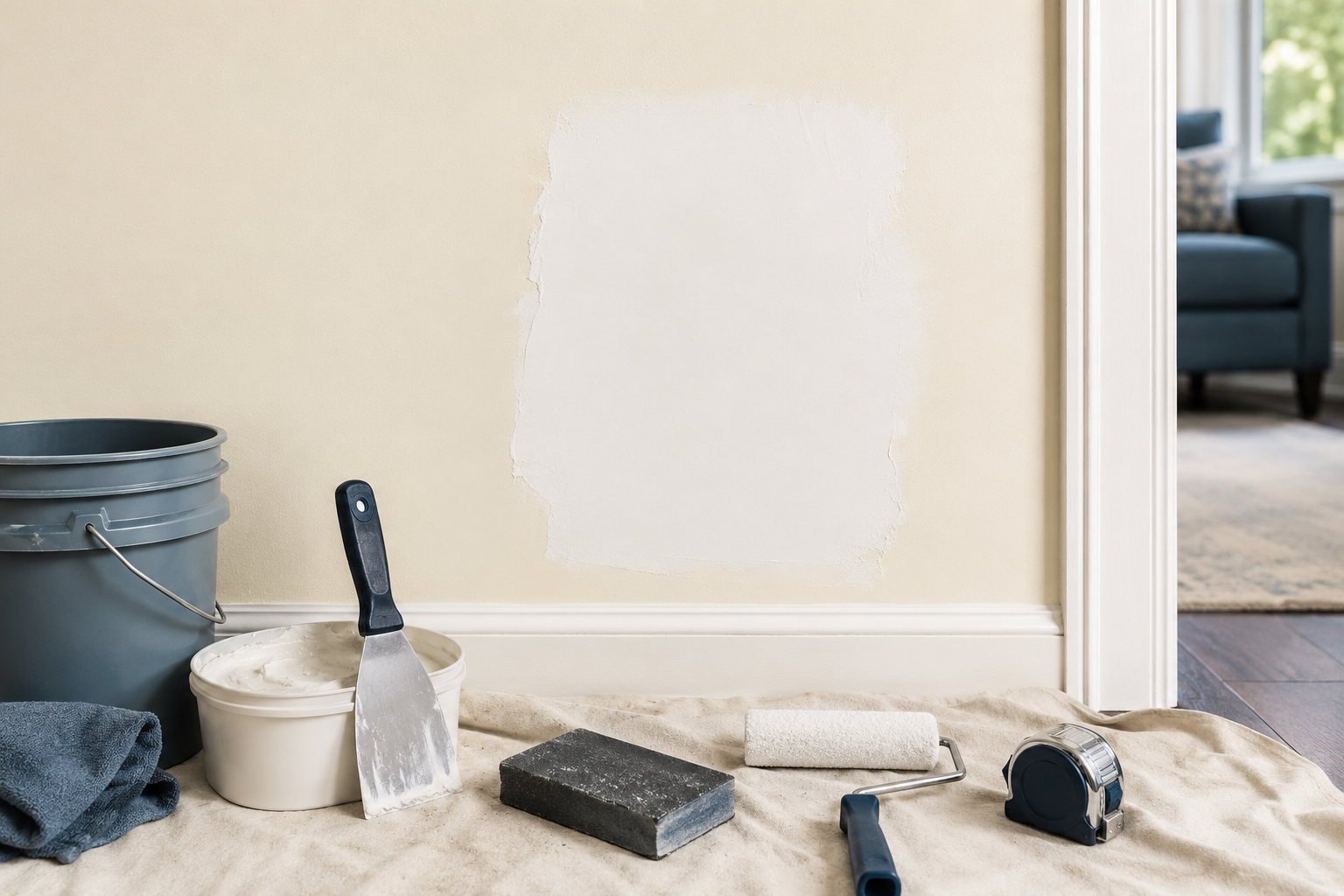 Room being painted with painting tools and supplies, including a roller, paint bucket, sponge, scraper, tape measure, and cloth on the floor, with an unfinished patch of wall.