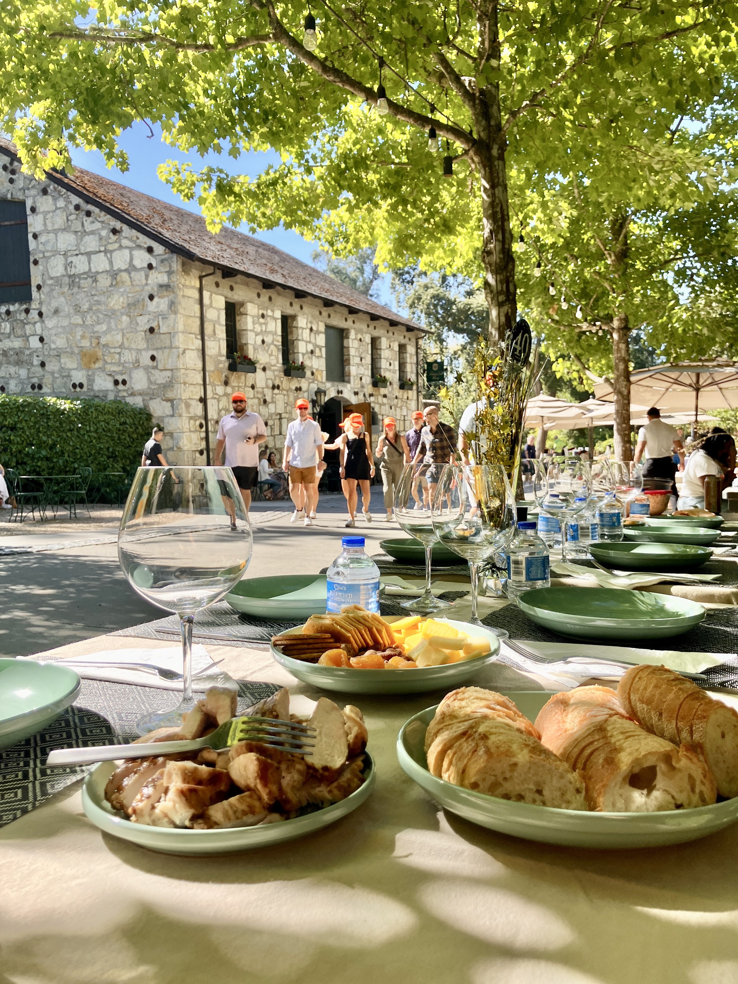 Outdoor dining setup with plates of bread, cheese, and meats on a table, surrounded by glasses and bottled water, beneath a large leafy tree with string lights, with a stone building and people walking in the background.