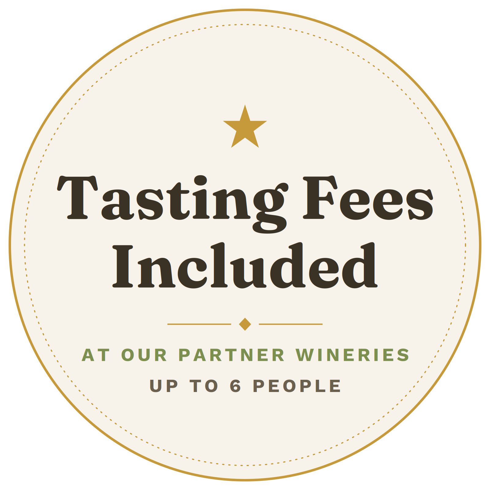 A circular label with a gold star at the top, stating 'Tasting Fees Included' and mentioning partnership with wineries, accommodating up to 6 people.