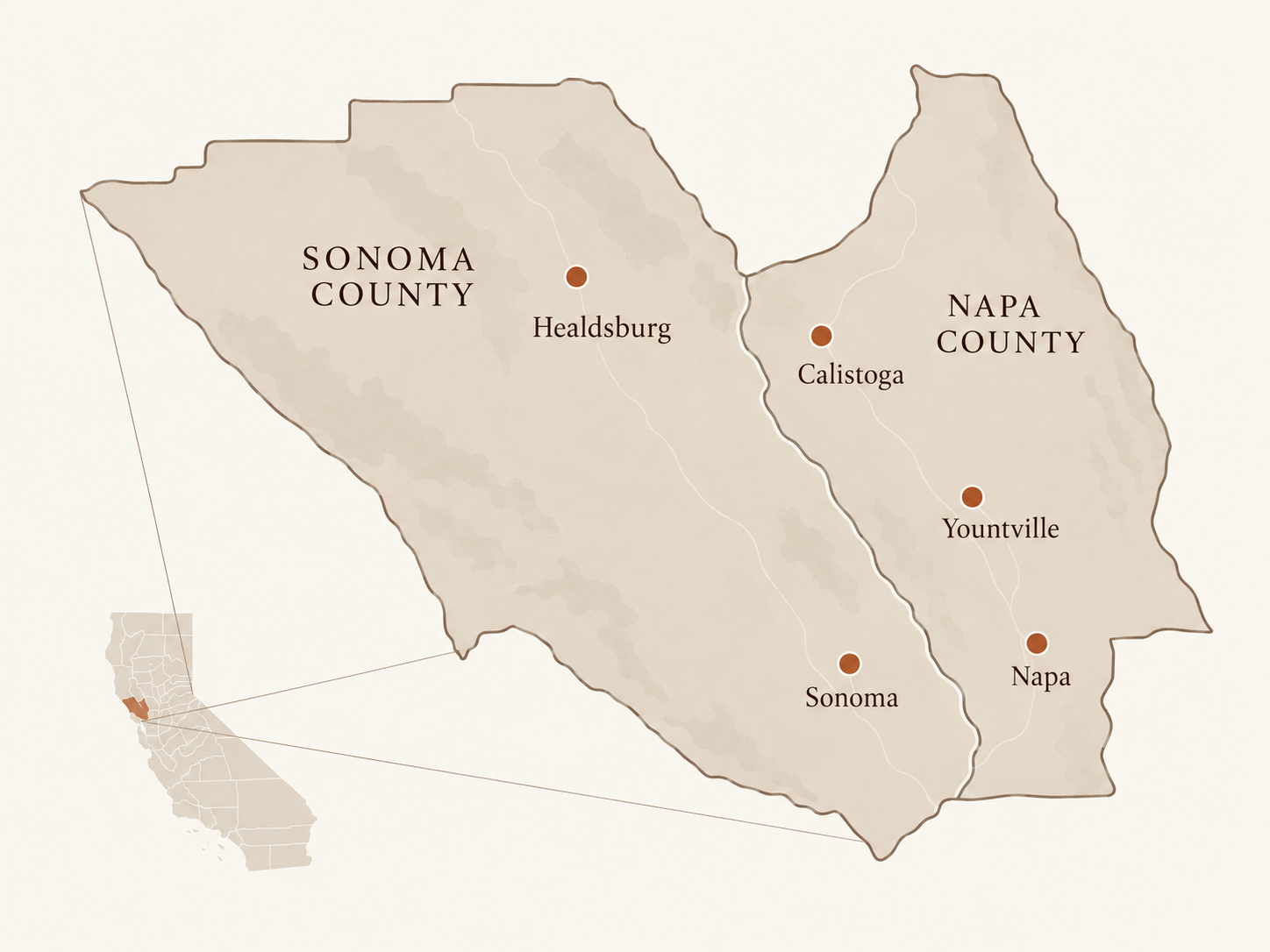 Map of Sonoma and Napa County e-bike wine tour regions including Healdsburg, Calistoga, Yountville, Sonoma, and Napa