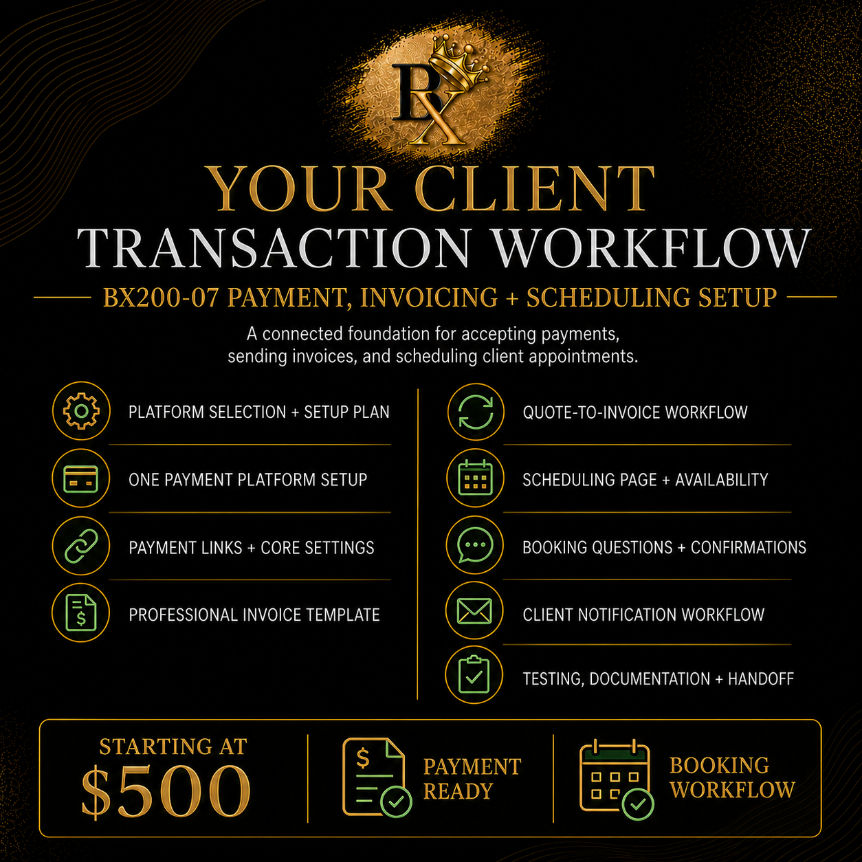 B.X. Marketing Payment, Invoicing, and Scheduling Setup service featuring one payment platform, professional invoicing, and a connected scheduling workflow.