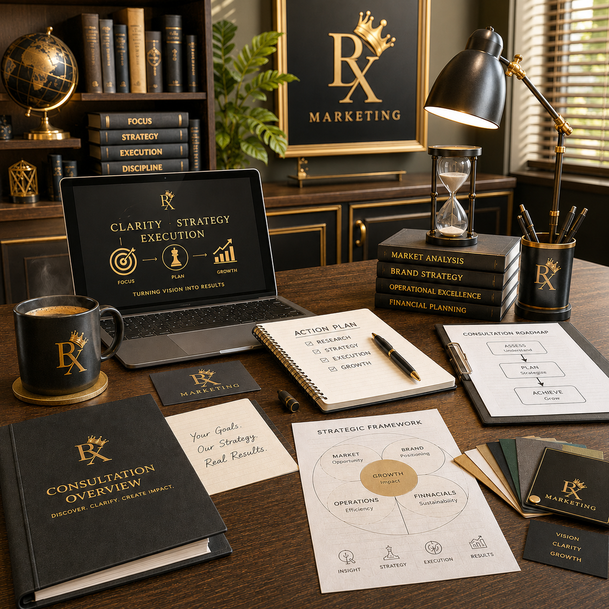 B.X. Marketing consulting workspace with strategy framework, action plan, market analysis, and business planning materials.