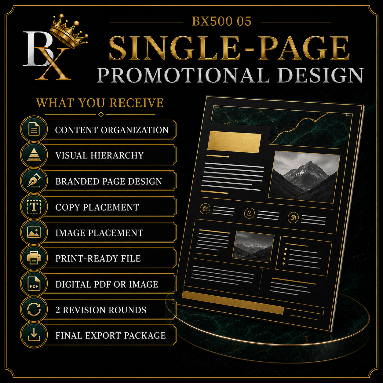 B.X. Marketing Single-Page Promotional Design service graphic featuring Brian Scott and a custom branded flyer or promotional page, starting at $350.