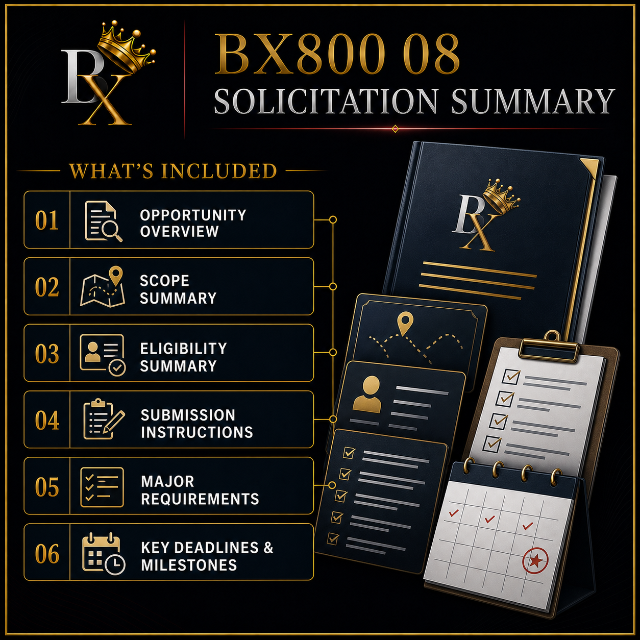B.X. Marketing Solicitation Summary service graphic featuring a plain-language opportunity overview, scope, eligibility, requirements, instructions, and deadlines, with pricing of $350–$750.