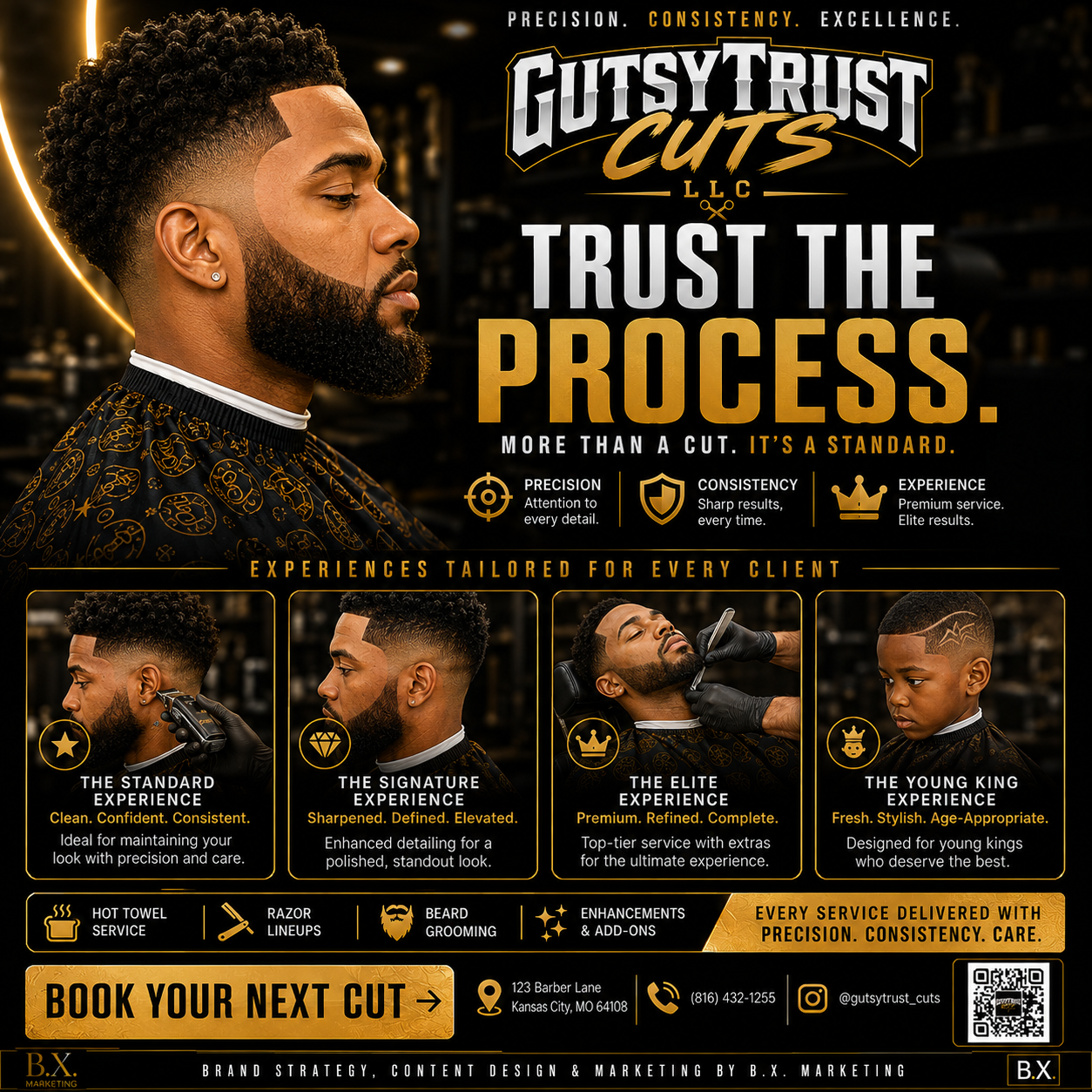 GutsyTrust Cuts barber service campaign designed by B.X. Marketing featuring service tiers, grooming imagery, booking information, and black-and-gold brand visuals.