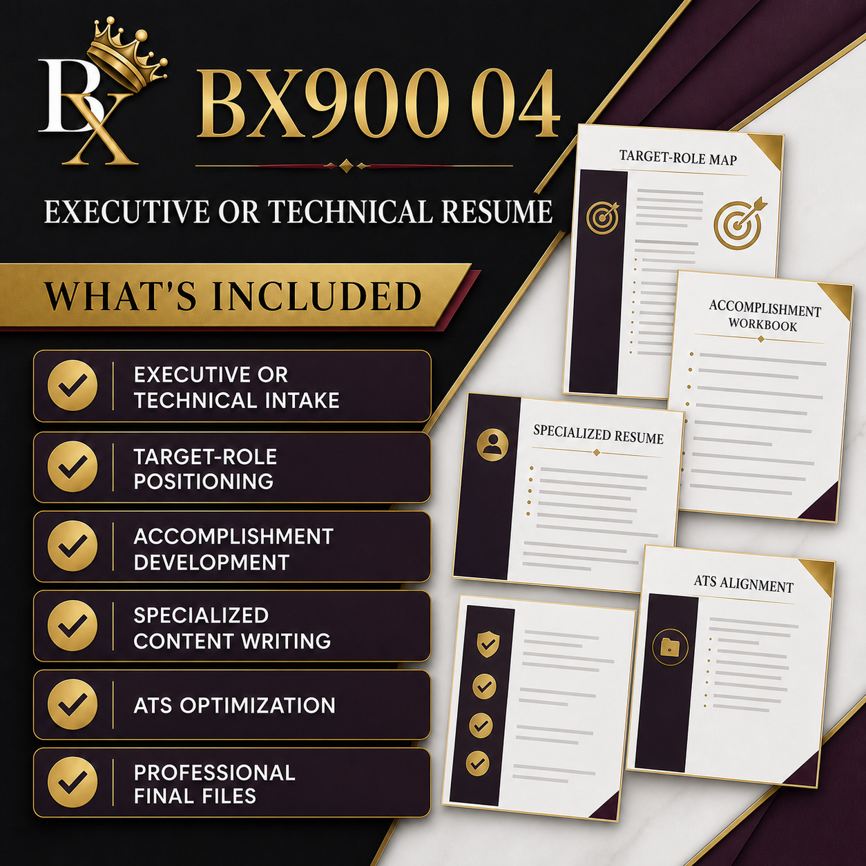 B.X. Marketing Executive or Technical Resume service graphic for specialized positioning + accomplishment development, with pricing of $850–$1,500.