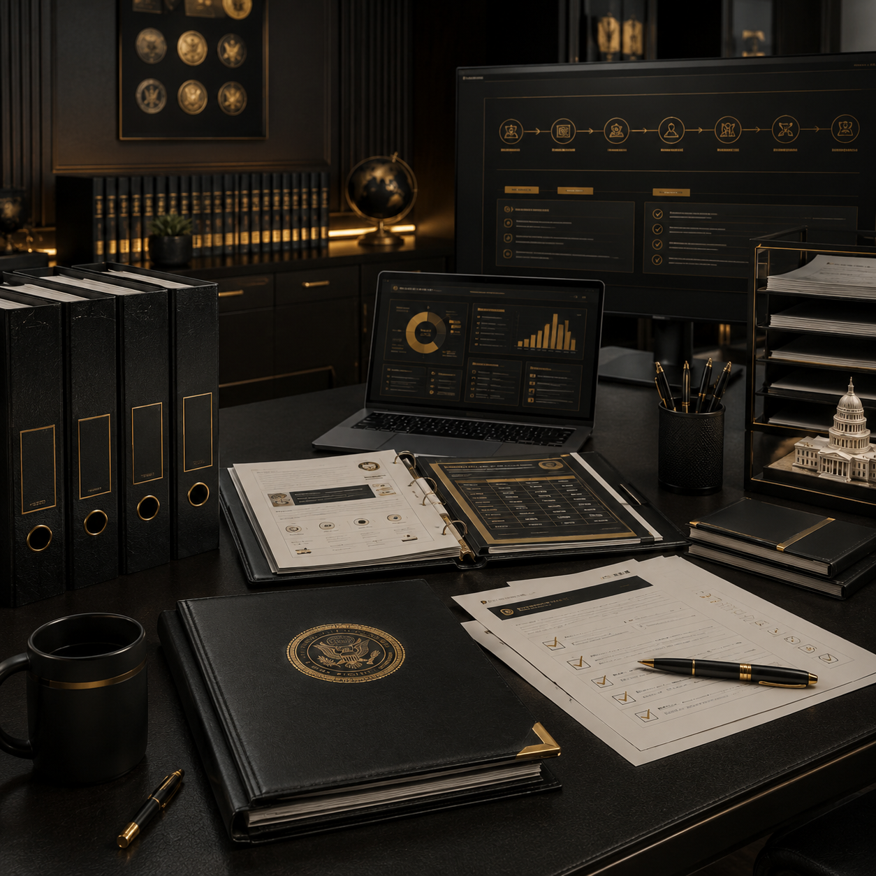 Government contracting readiness workspace with federal contracting documents, dashboards, compliance materials, and certification planning resources.