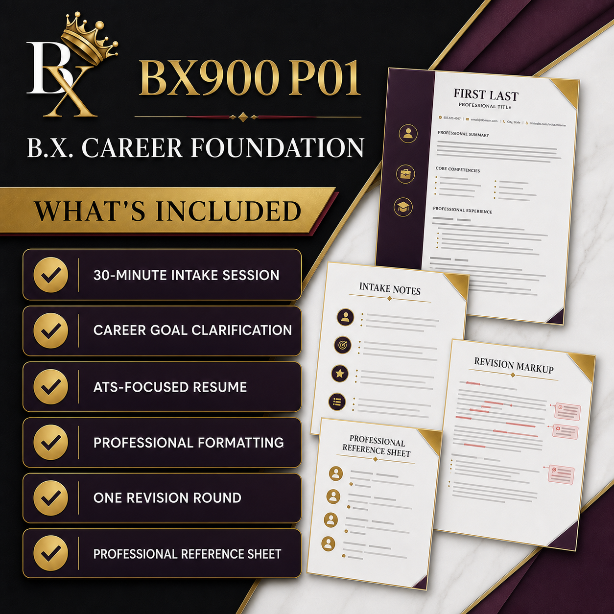 B.X. Career Foundation service graphic for ATS resume, reference sheet + intake session, with pricing of $495.