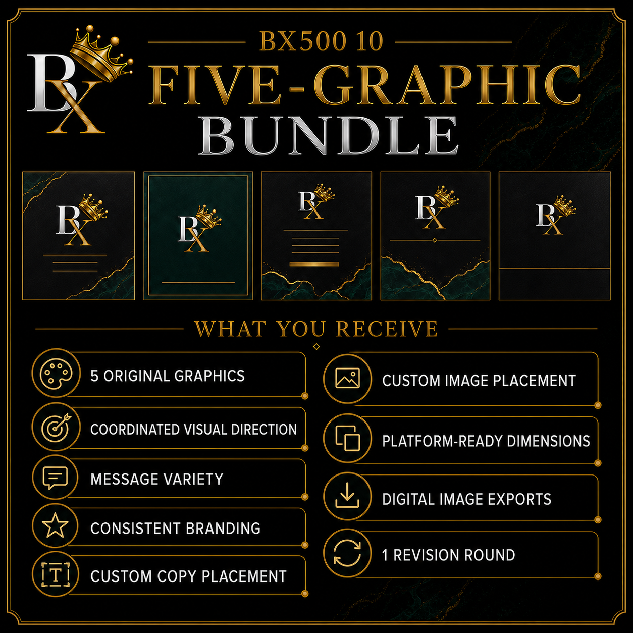 B.X. Marketing Five-Graphic Bundle service graphic featuring Brian Scott and five coordinated custom social media designs, starting at $600.