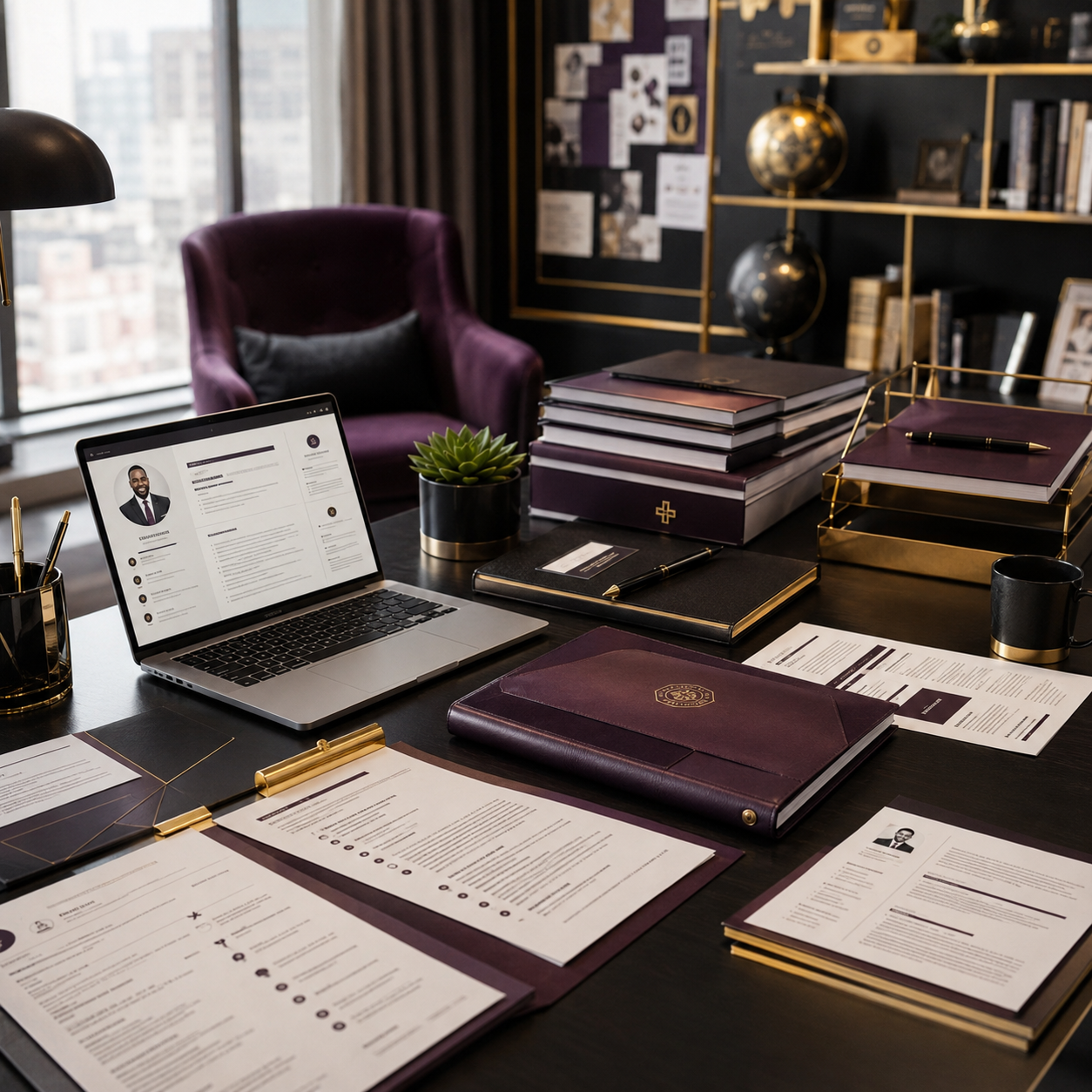 Career branding workspace with professional resume documents, laptop, portfolio materials, and job search preparation resources.