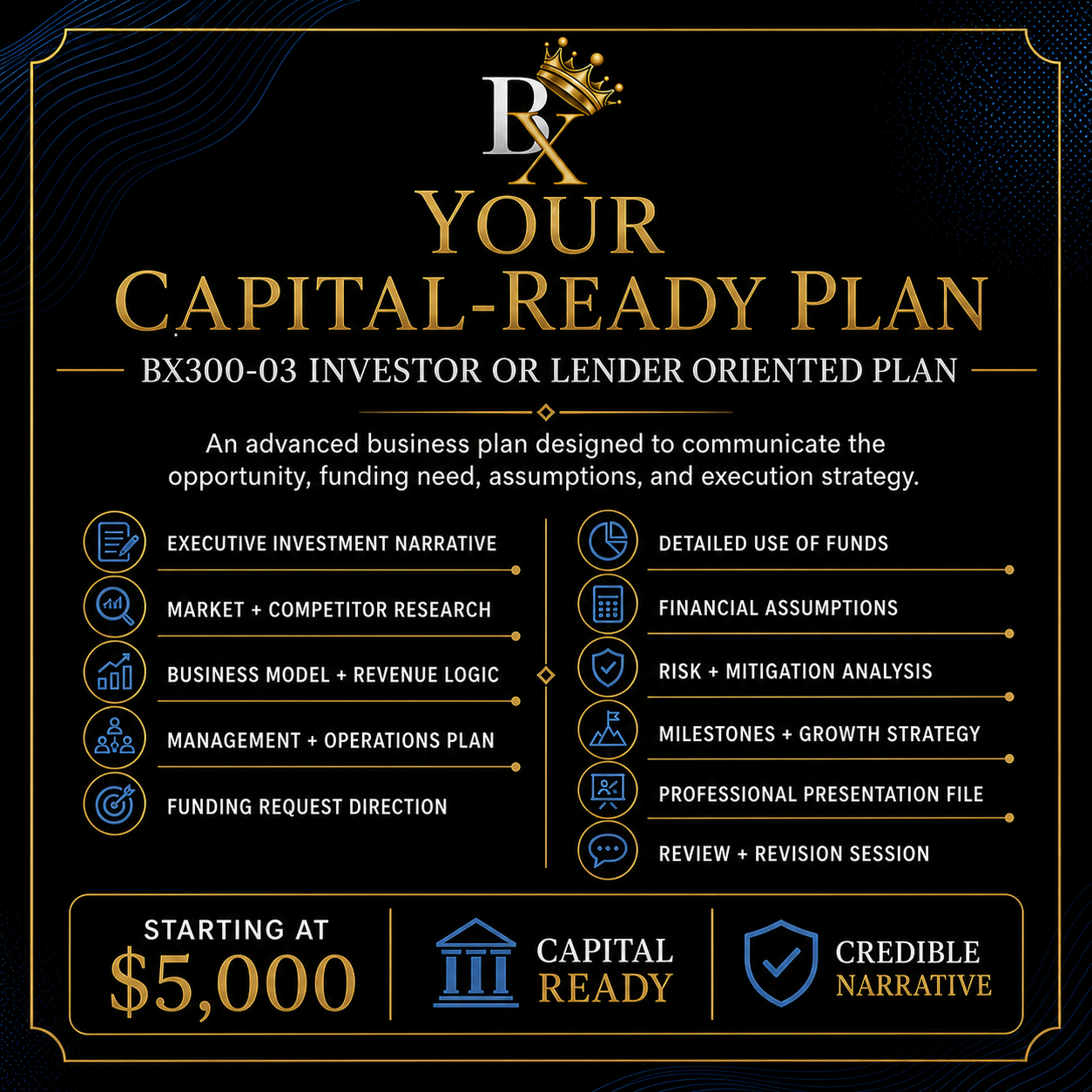 B.X. Marketing Investor or Lender Oriented Plan service featuring advanced research, funding narrative, use of funds, assumptions, and presentation support.