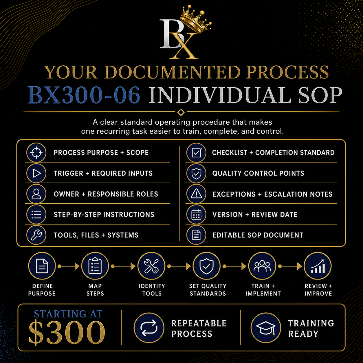 B.X. Marketing Individual SOP service featuring one documented process with step by step instructions, responsible roles, checklist, and quality controls.