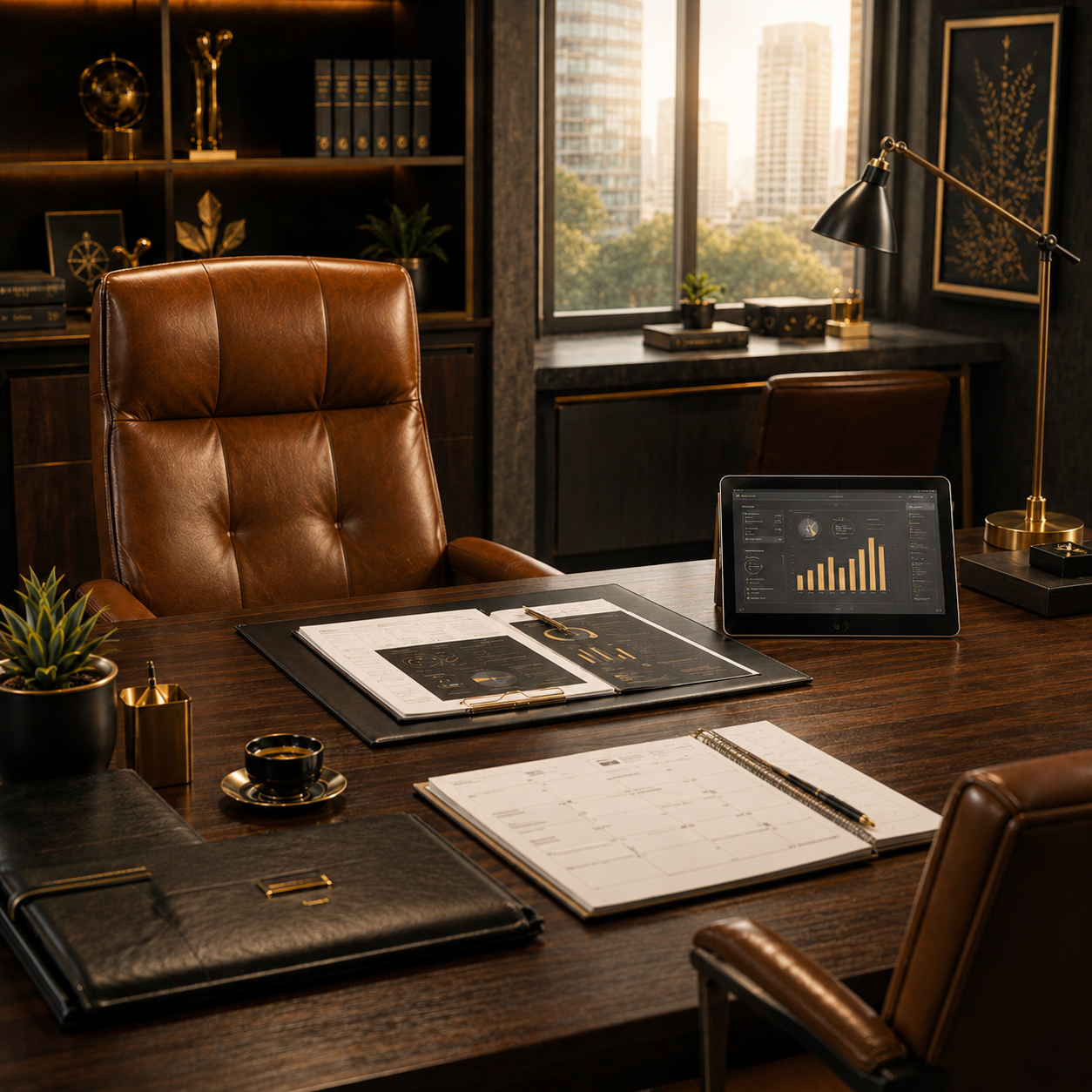 Executive business advisory workspace with growth analytics, strategic planning materials, calendar, and ongoing business support resources.